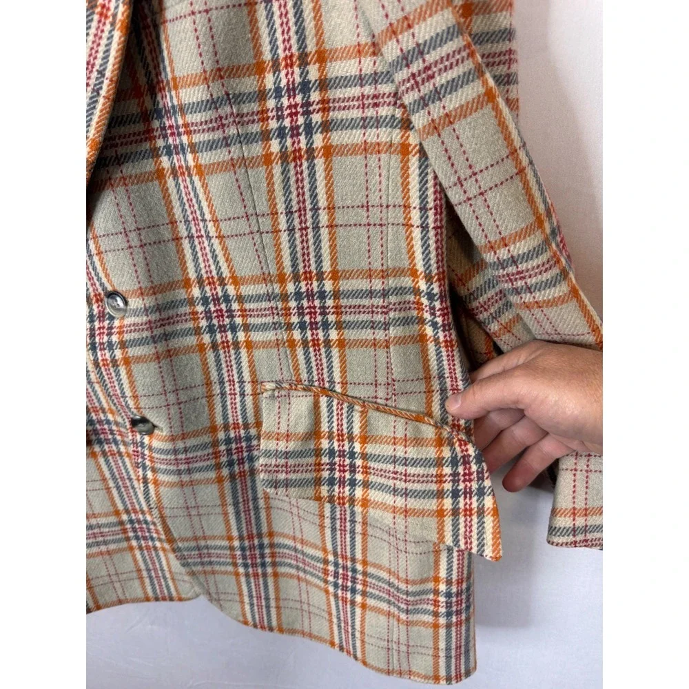 Vintage Plaid Blazer Jacket Orange Grey Beige Check Two Button Sport Coat 38 70s